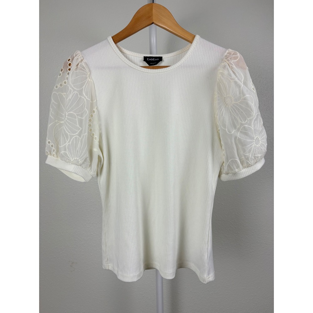 Bebe Ivory Rib Knit Floral Sheer Puff Sleeve Coquette Romantic Top Women's Large